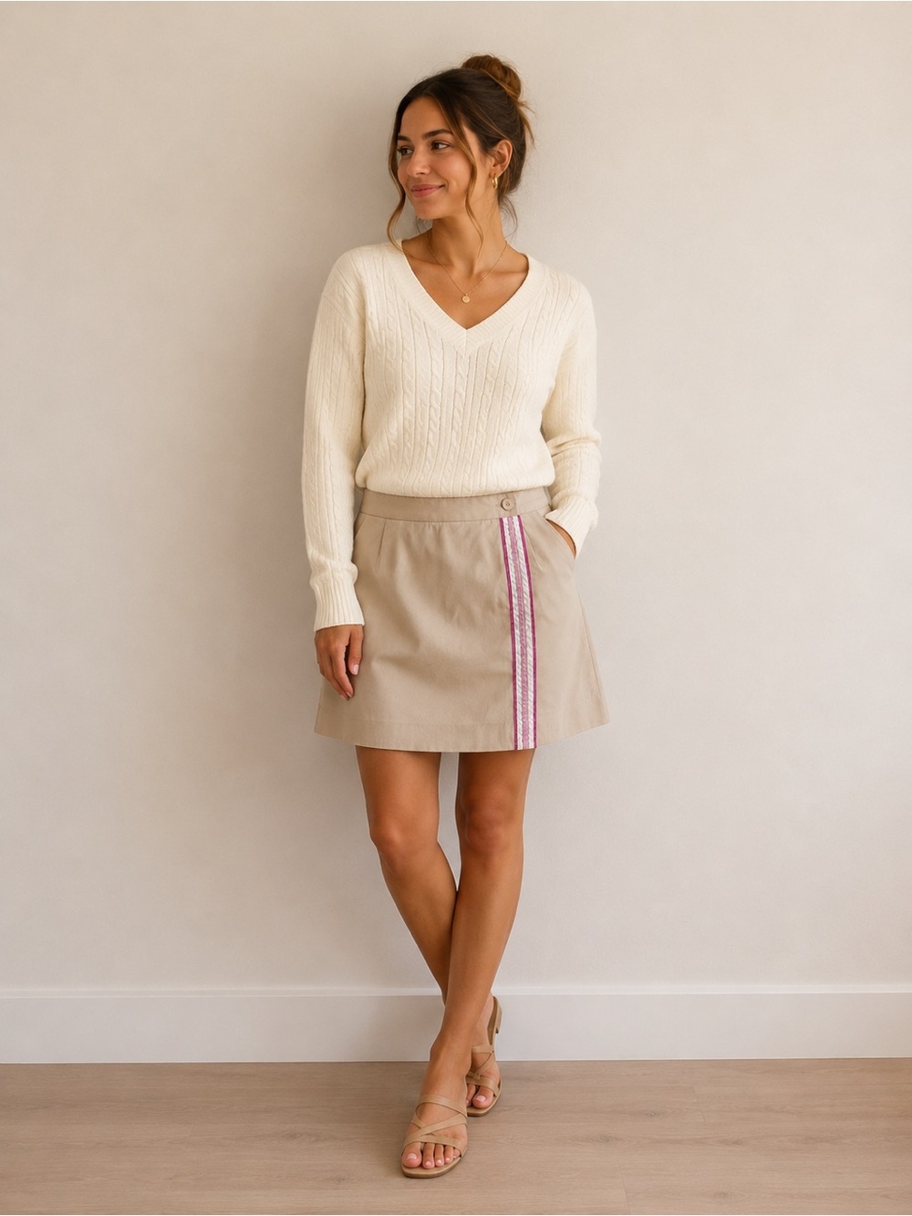 Lilly Pulitzer Khaki Chino Wrap Skort/ Skirt with Pink Stripe